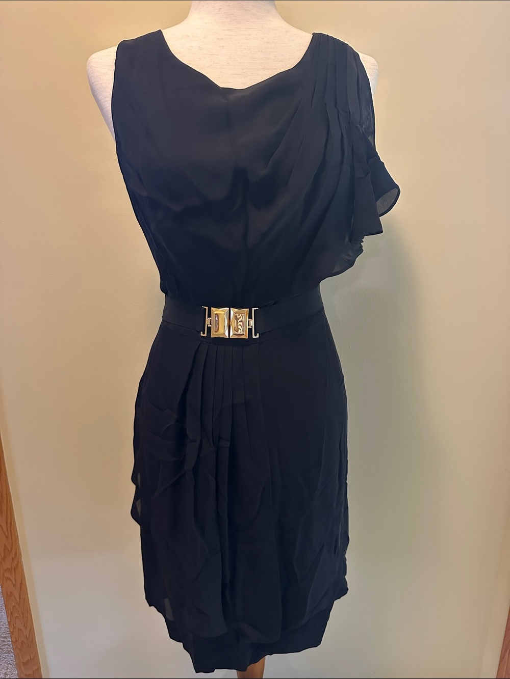 BCBGMaxAzria Black Silk Pleated Dress with Gold Buckle